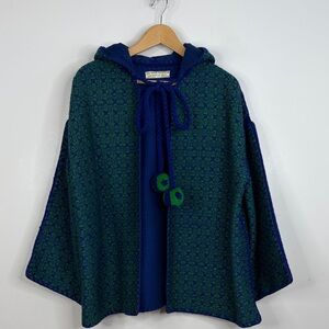Hand Woven Sweater Womens Medium Blue Green Wool Hooded Cardigan Made in Greece